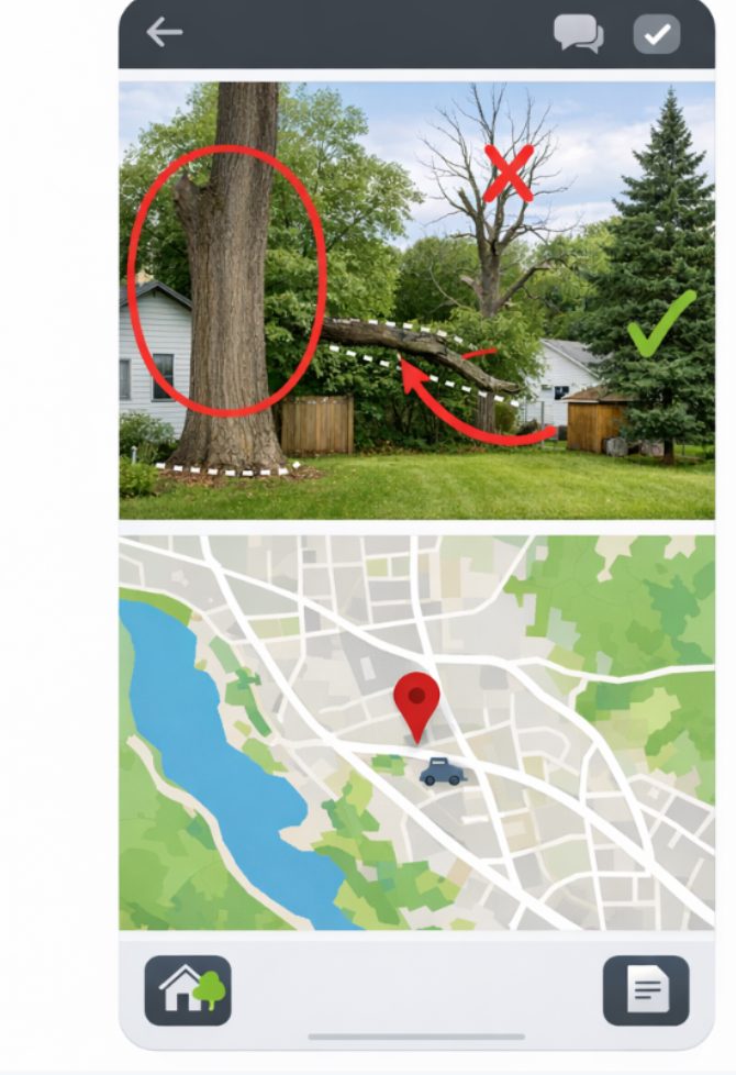 ArboRate app preview showing an annotated tree photo and a map pin